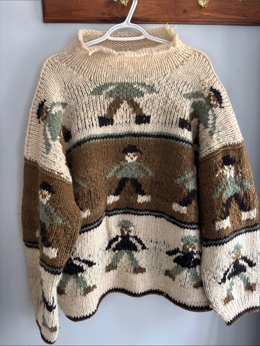Men's Crewneck Wool Sweater in Cream and Brown with Green Accents